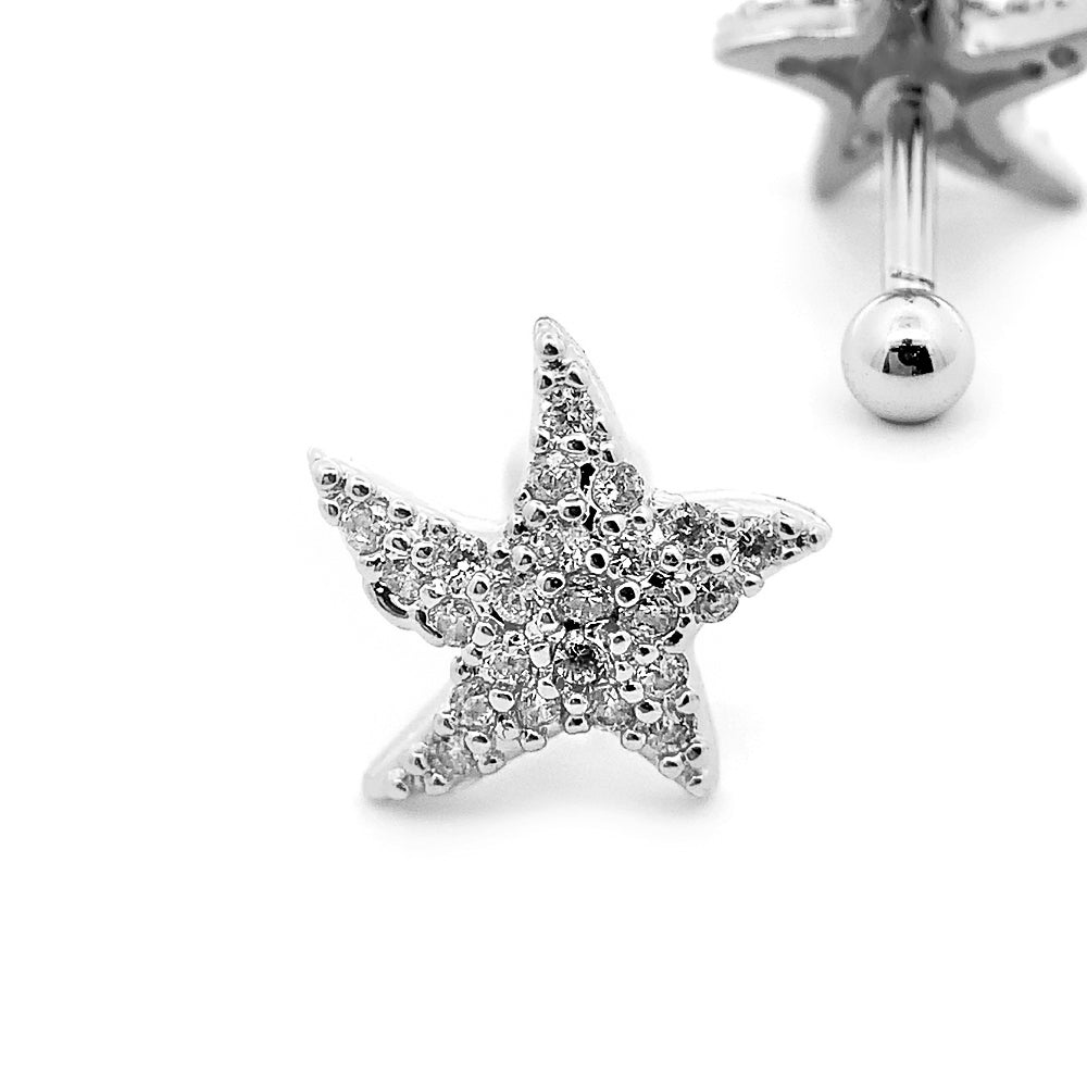 Barra de acero 316L con diseño de estrella de mar y cristales - CC crystal clear