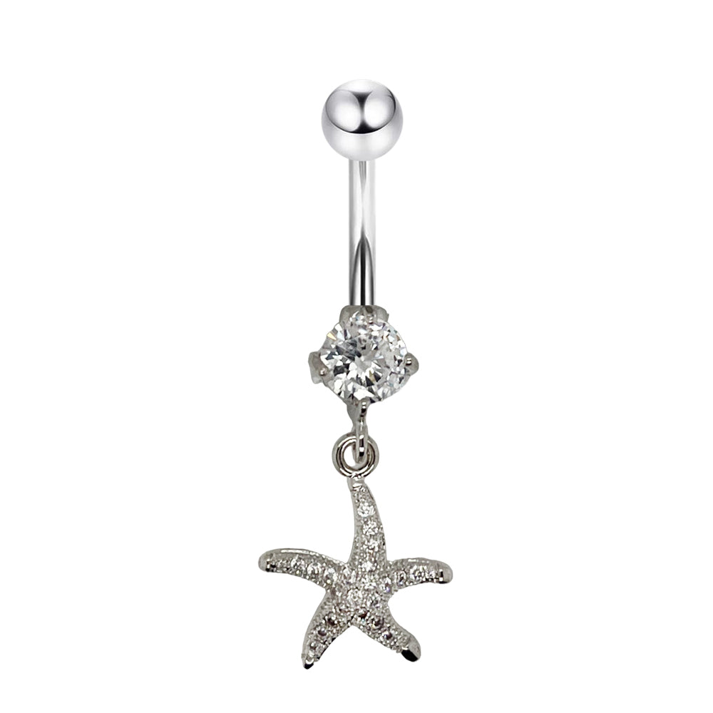 Piercing para ombligo de acero 316L con forma de plátano y diseño moderno: CC, cristal transparente, calibre 14 (1,6 mm)
