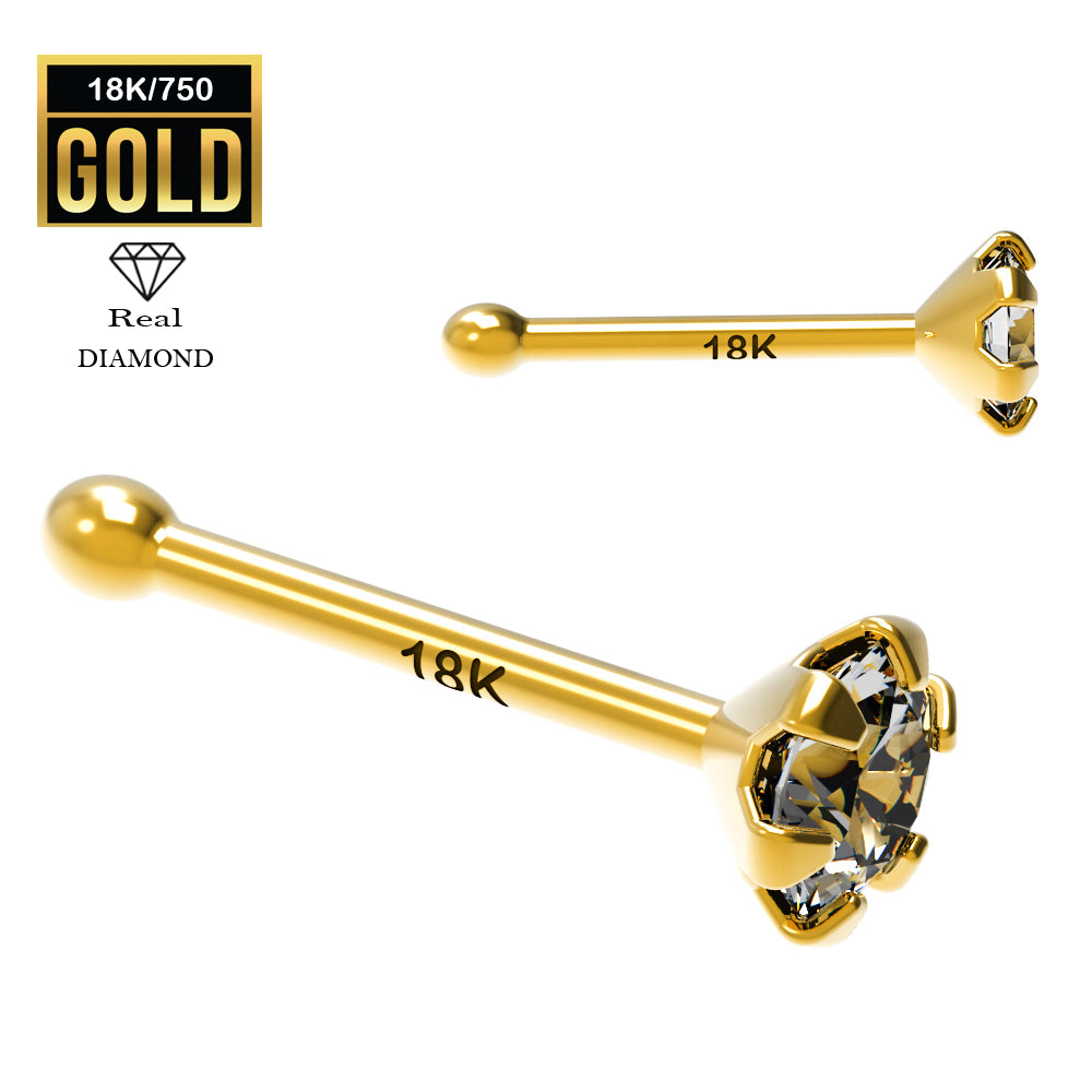 Pendiente para nariz de oro auténtico de 18 quilates con diamante (engaste en punta) - 23 GA (0,6 mm)