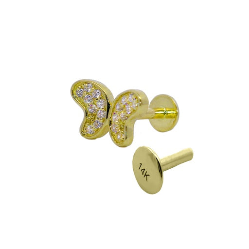Labret interno de oro real de 14 quilates con forma de mariposa y circonita cúbica de calibre 16 (1,2 mm a 6 mm)