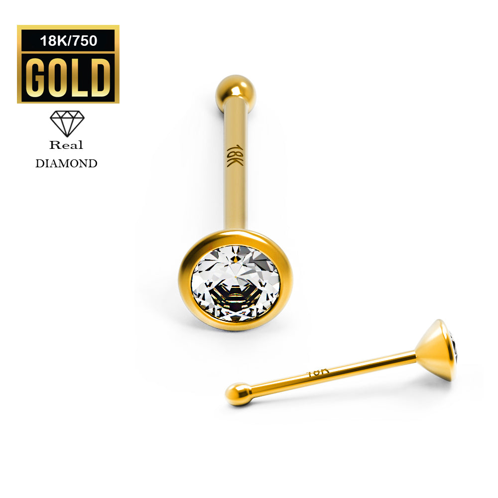 Pendiente para nariz de oro auténtico de 18 quilates con diamante, calibre 23 (0,6 mm)