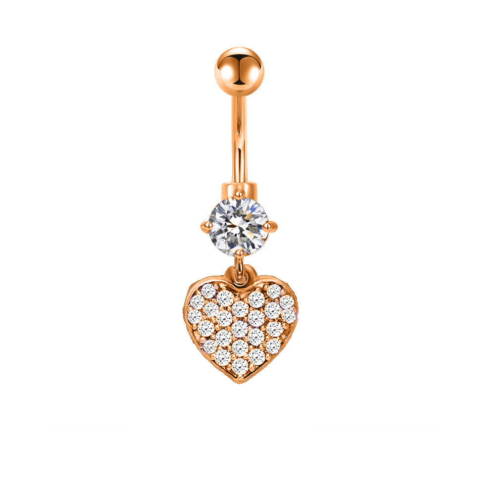 Piercing para ombligo de acero 316L con revestimiento de titanio PVD en oro rosa y engaste de piedra CZ en diseño de moda - CC Crystal Clear - 14GA (1,6 mm)