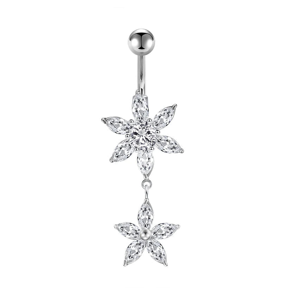 Piercing para ombligo de acero 316L con diseño de moda, forma de banana y circonita cúbica, transparente, calibre 14 (1,6 mm)