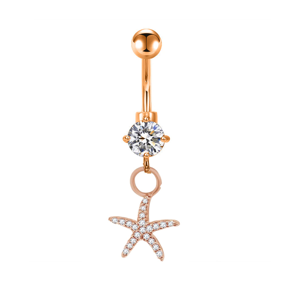 Piercing para ombligo de acero 316L con revestimiento de titanio PVD en oro rosa y engaste de piedra CZ en diseño de moda - CC Crystal Clear - 14GA (1,6 mm)