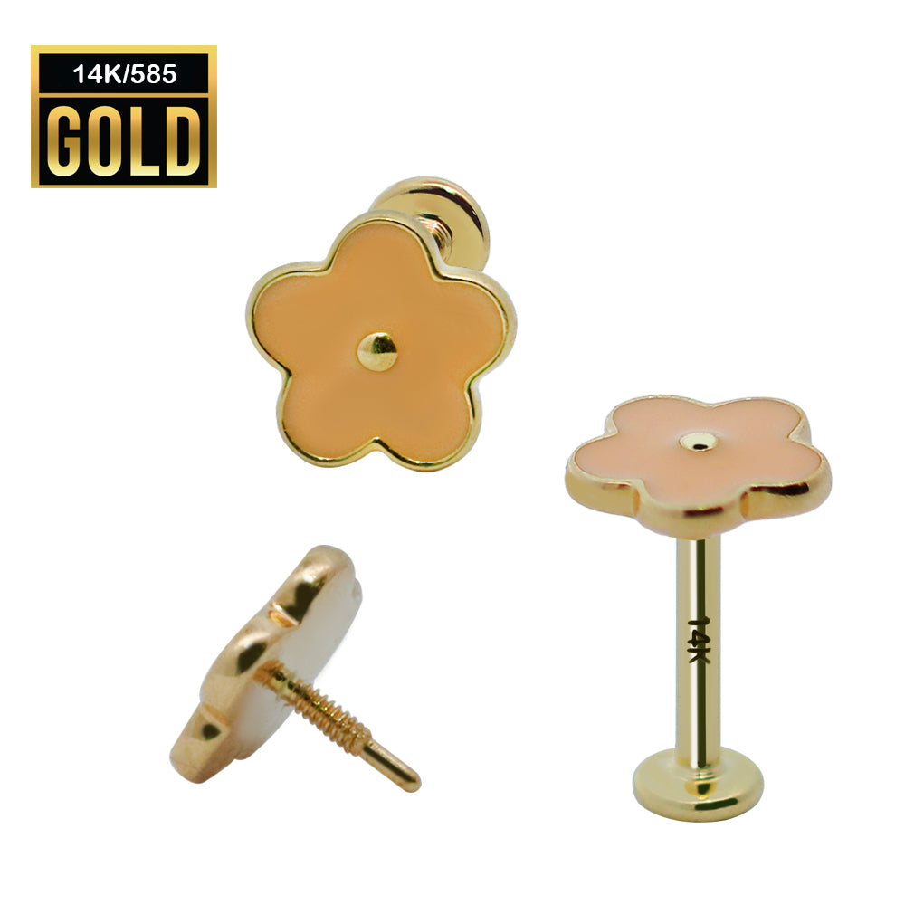 Diseño de flor de labio interno en oro real de 14 quilates con pétalos pintados con esmalte en la parte superior