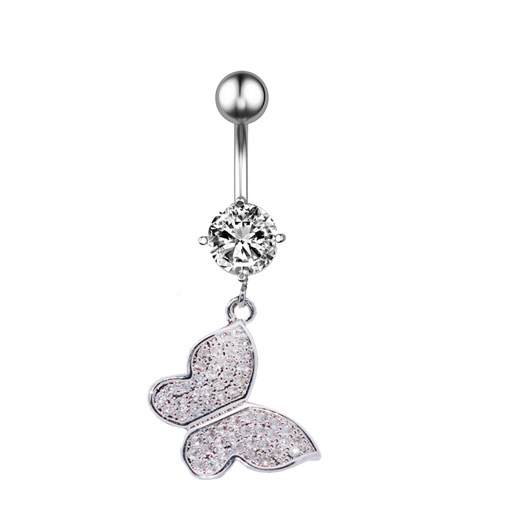 Piercing para ombligo de acero 316L con forma de banana y diseño de moda de circonita cúbica, calibre 14 (1,6 mm)