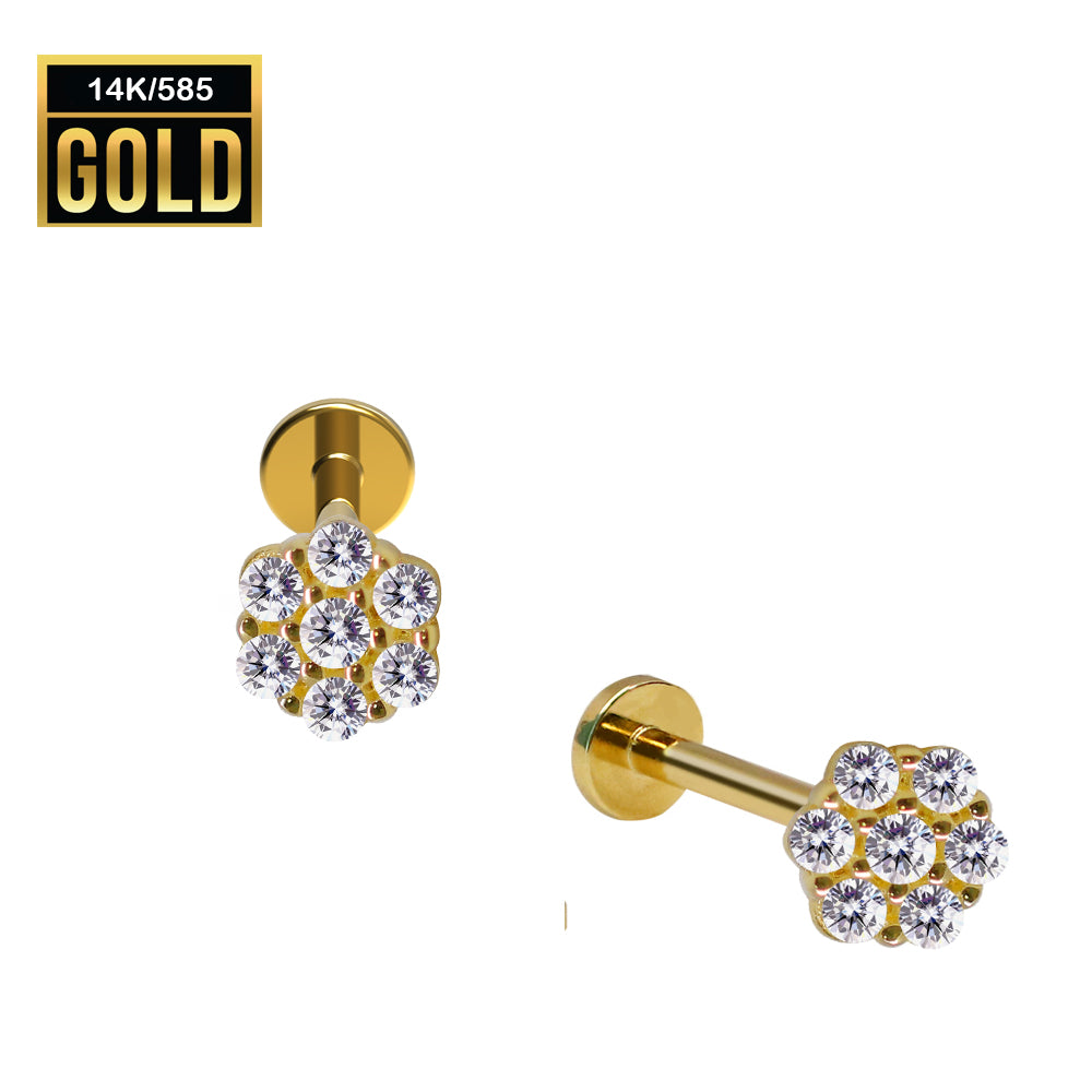 Labret interno de oro real de 14 quilates con diseño de flor en la parte superior con circonita cúbica
