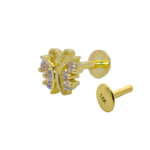 Labret con forma de mariposa en el interior de oro auténtico de 14 quilates con circonita cúbica de calibre 16 (1,2 mm-6 mm)