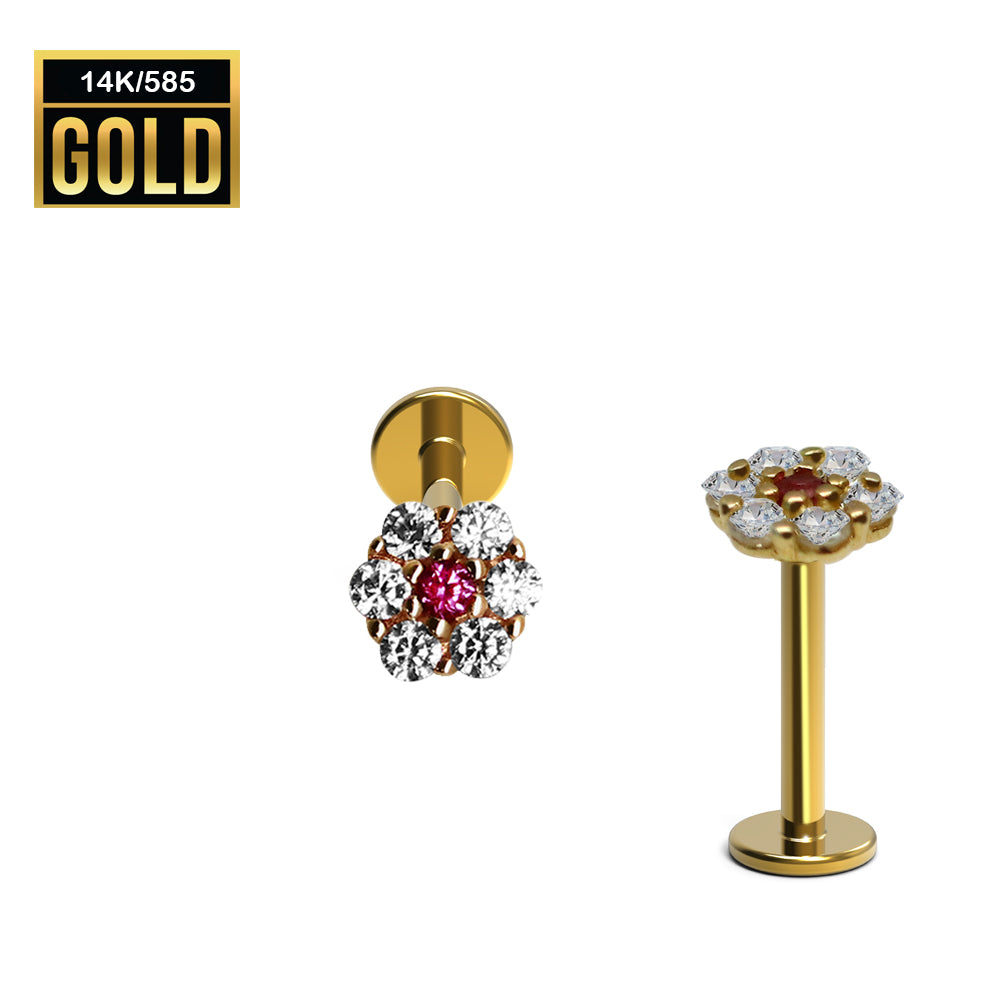 Labret interno de oro real de 14 quilates con diseño de flor en la parte superior de circonita cúbica - 18GA (1,0 mm)