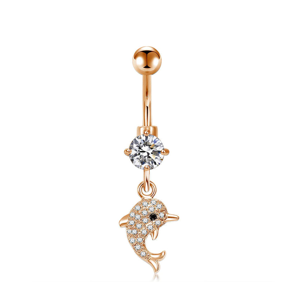 Piercing para ombligo de acero 316L con revestimiento de titanio PVD en oro rosa y engaste de piedra CZ en diseño de moda - CC Crystal Clear - 14GA (1,6 mm)