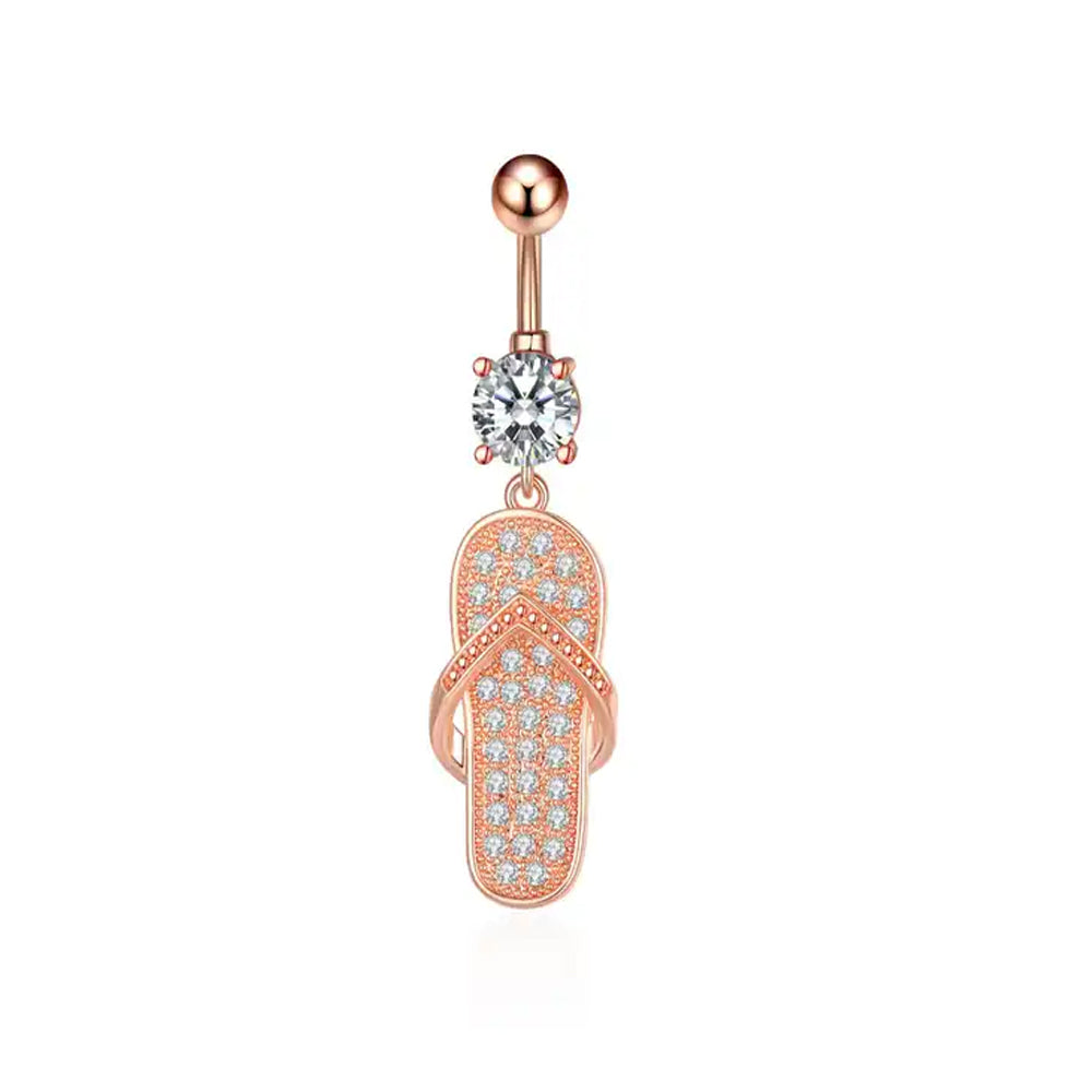 Piercing para ombligo de acero 316L con revestimiento de titanio PVD en oro rosa y engaste de piedra CZ en diseño de moda - CC Crystal Clear - 14GA (1,6 mm)