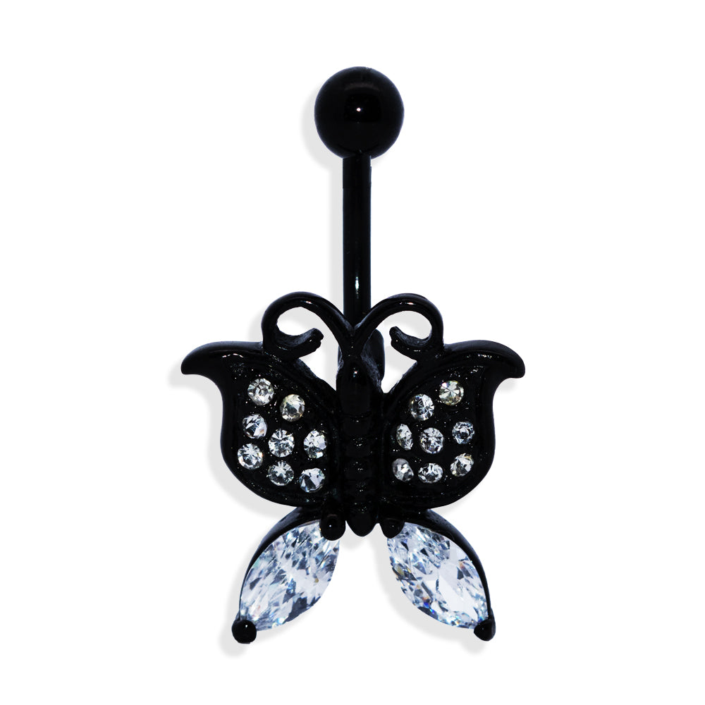 Piercing para ombligo de acero 316L con revestimiento de titanio PVD negro y diseño de mariposa - CC - Cristal transparente - 14GA (1,6 mm)