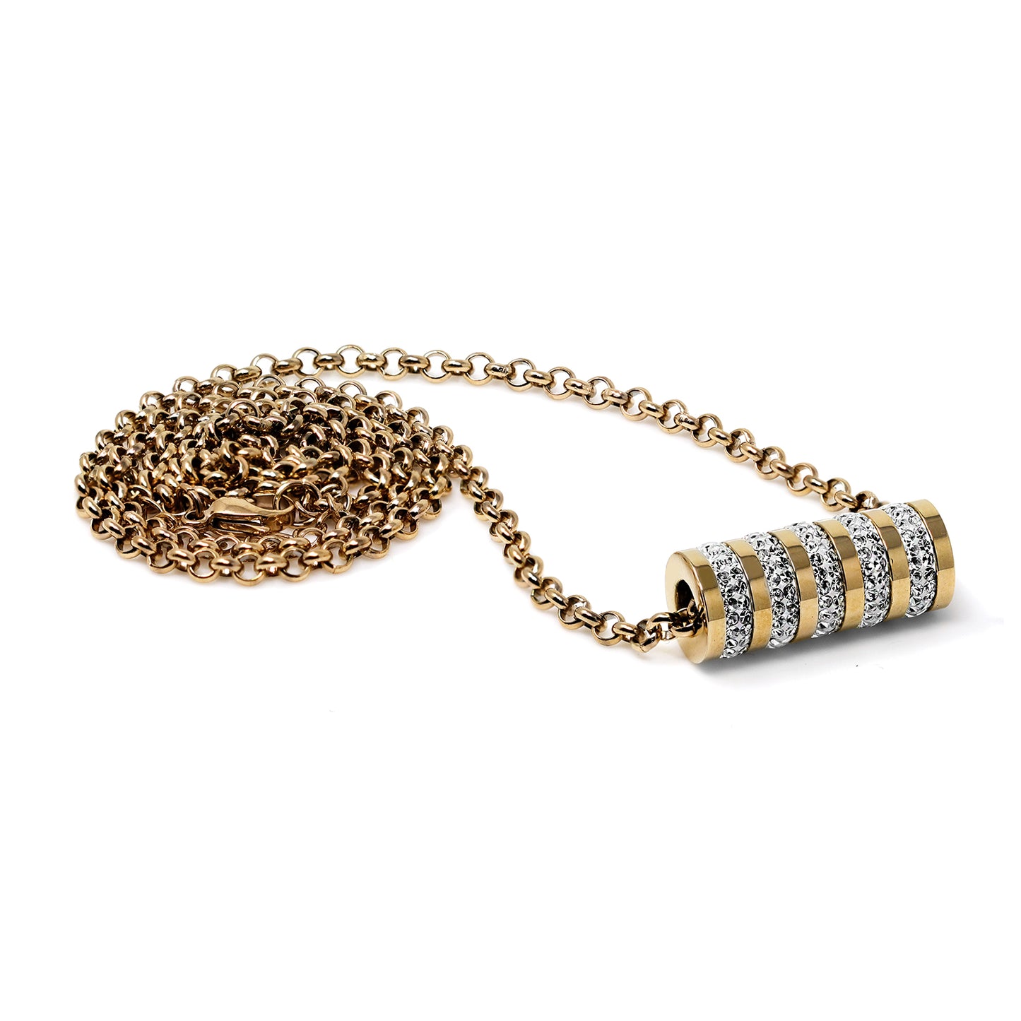 Collar de acero 316L recubierto de titanio PVD dorado con colgante de cristal en forma de cilindro - Largo 65 cm