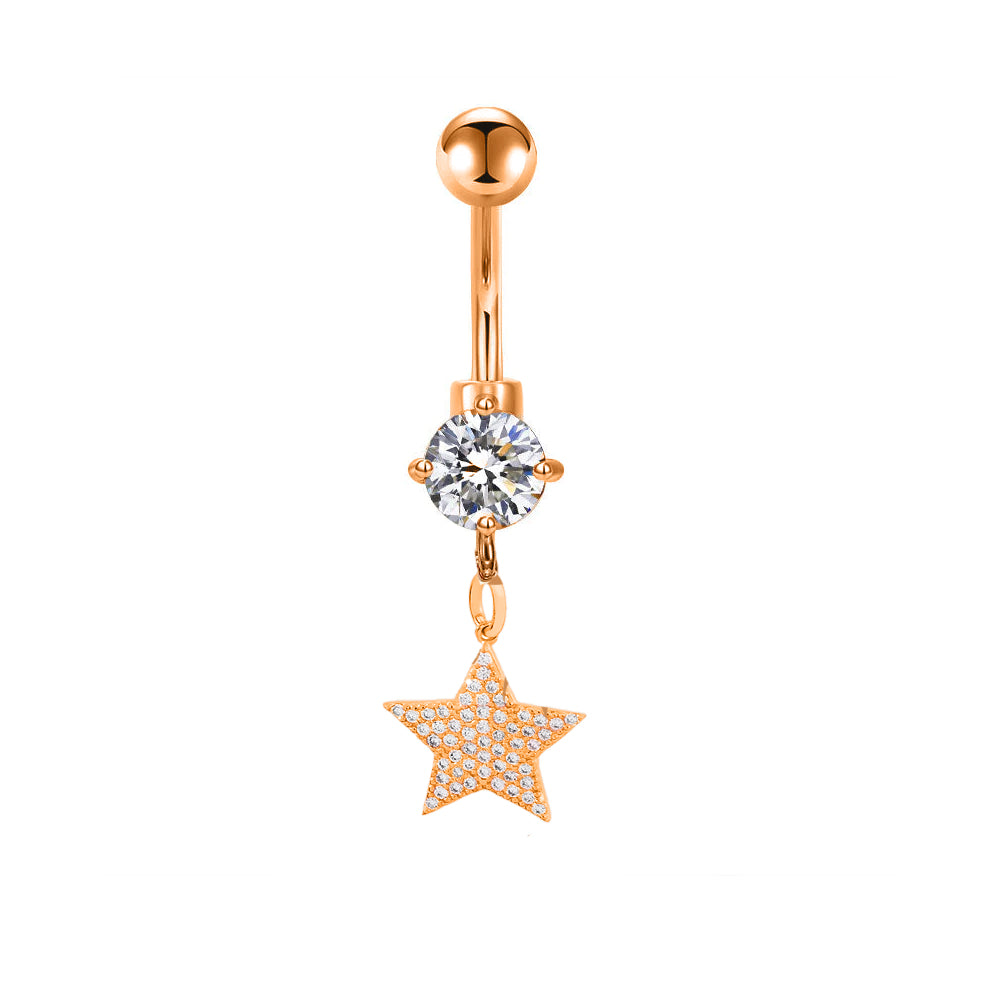 Piercing para ombligo de acero 316L con revestimiento de titanio PVD en oro rosa y engaste de piedra CZ en diseño de moda - CC Crystal Clear - 14GA (1,6 mm)