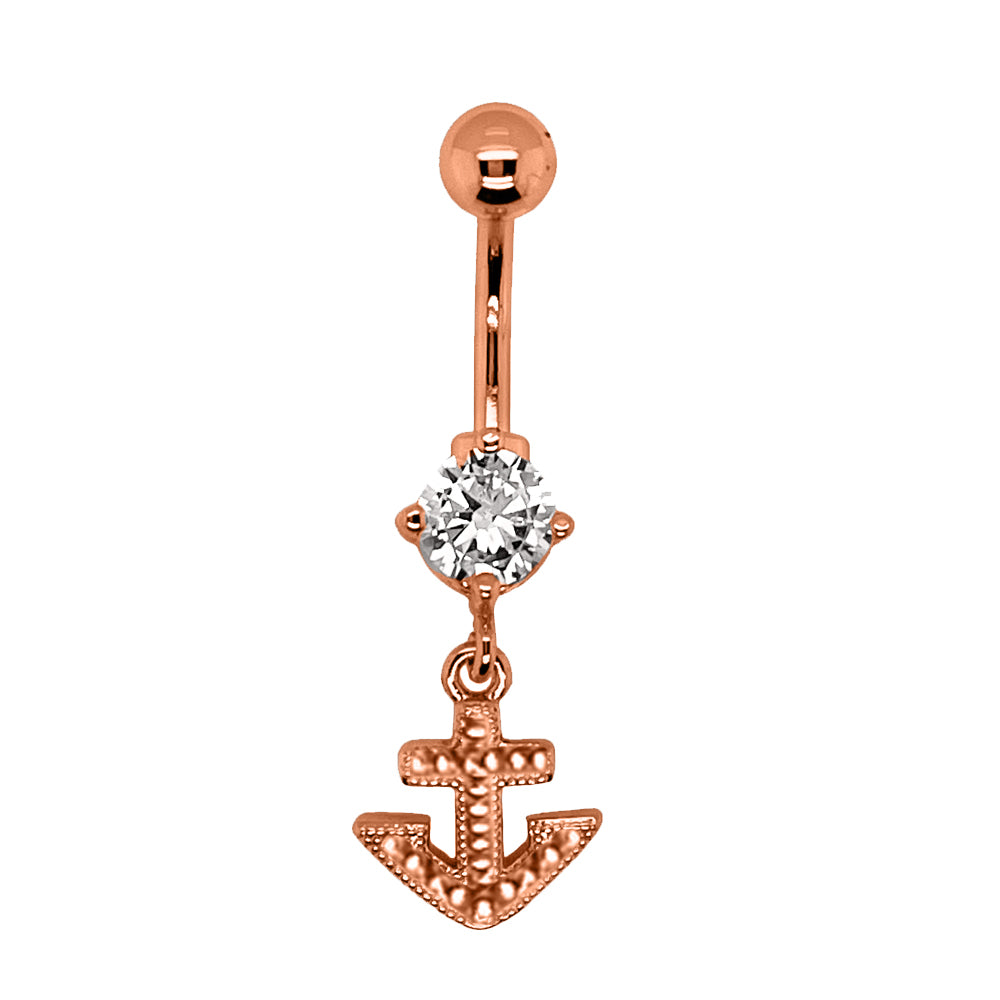 Piercing para ombligo de acero 316L con revestimiento de titanio PVD en oro rosa y engaste de piedra CZ en diseño de moda - CC Crystal Clear - 14GA (1,6 mm)