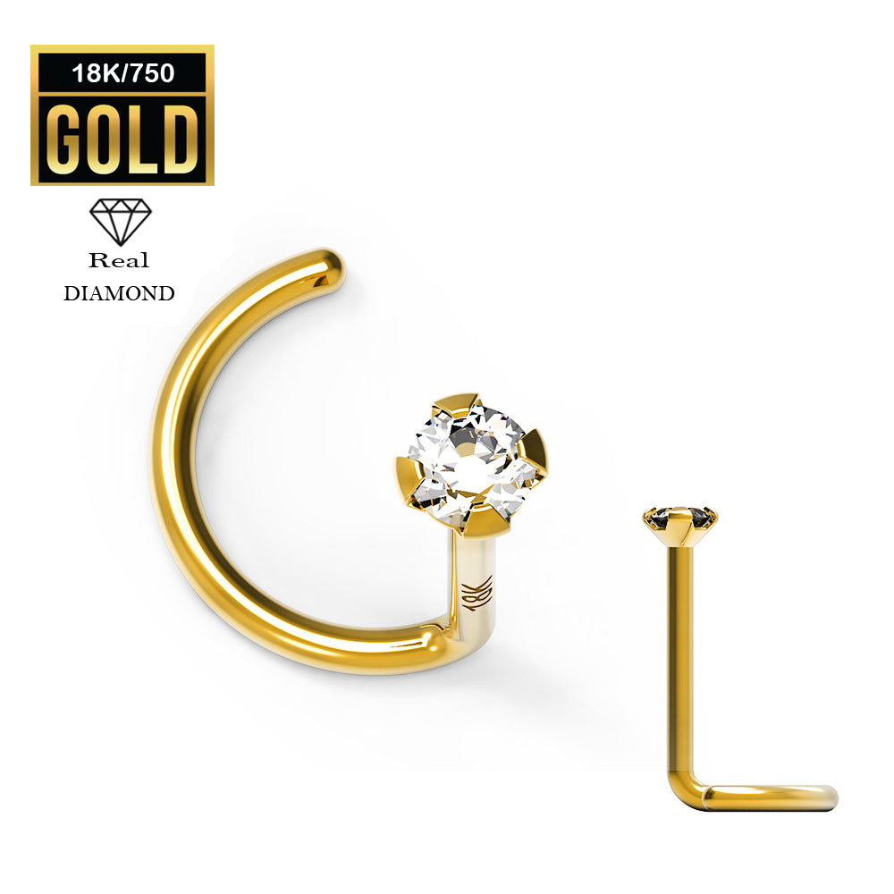 Espiral para nariz de oro auténtico de 18 quilates con diamante (engaste en punta) - 23GA (0,6 mm)
