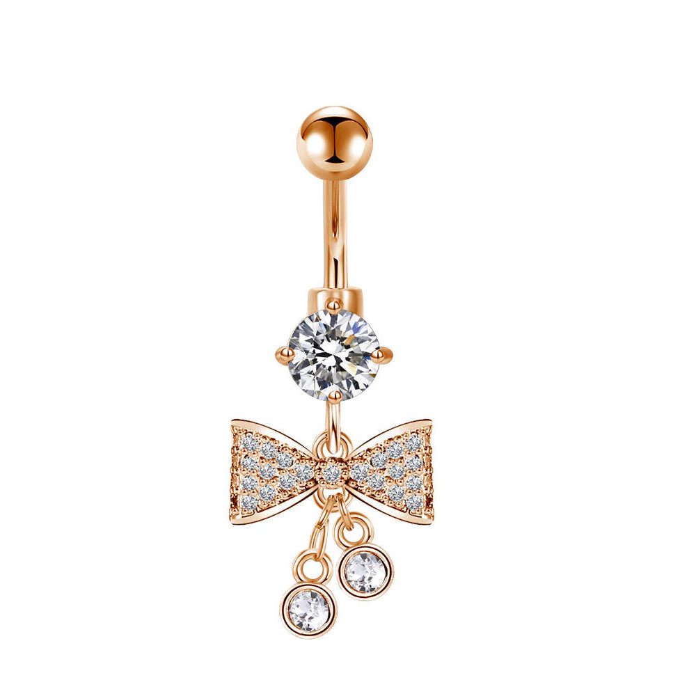 Piercing para ombligo de acero 316L con revestimiento de titanio PVD en oro rosa y engaste de piedra CZ en diseño de moda - CC Crystal Clear - 14GA (1,6 mm)