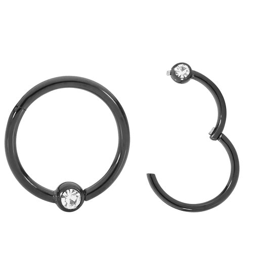 Steel 316L Black PVD Coated Hinged Segment Ring with Crystal Ball (3mm) - 16GA(1.2mm)