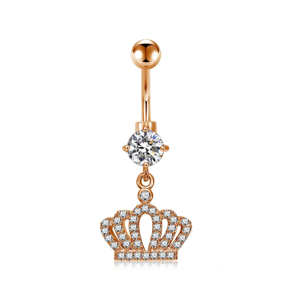 Piercing para ombligo de acero 316L con revestimiento de titanio PVD en oro rosa y engaste de piedra CZ en diseño de moda - CC Crystal Clear - 14GA (1,6 mm)