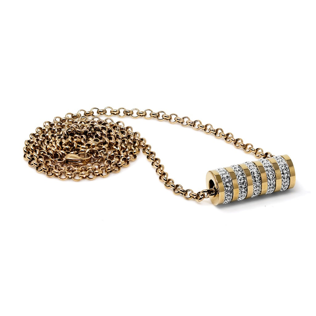 Collar con revestimiento de titanio PVD dorado y colgante de cristal en forma de cilindro