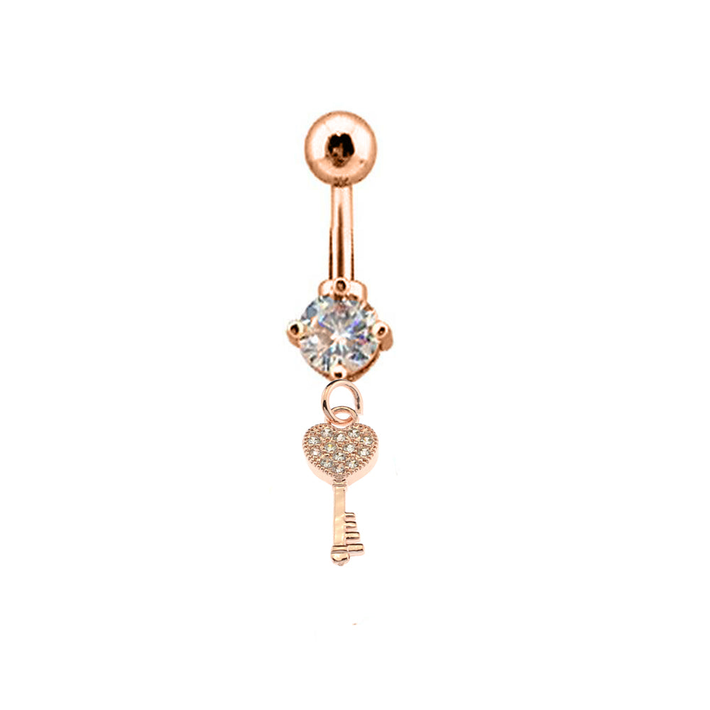 Piercing para ombligo de acero 316L con revestimiento de titanio PVD en oro rosa y engaste de piedra CZ en diseño de moda - CC Crystal Clear - 14GA (1,6 mm)
