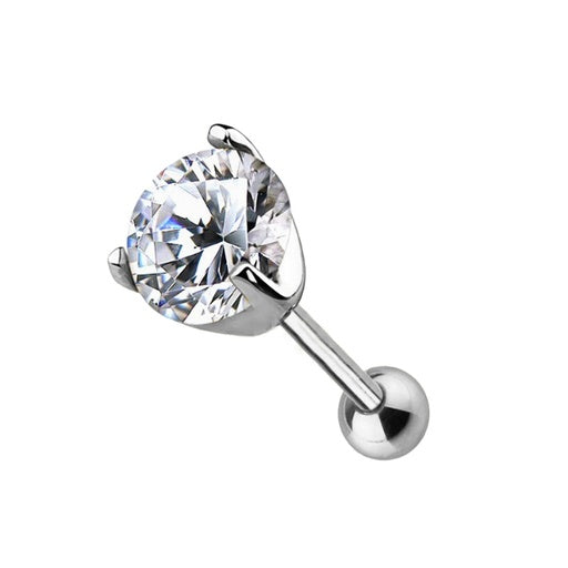 Barbell en or blanc véritable 14 carats avec pierre CZ (montage à griffes)
