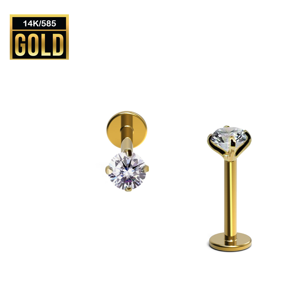 Labret interno de oro real de 14 quilates con diseño superior de circonita cúbica redonda (engarce de garra) - 18 GA (1,0 mm)