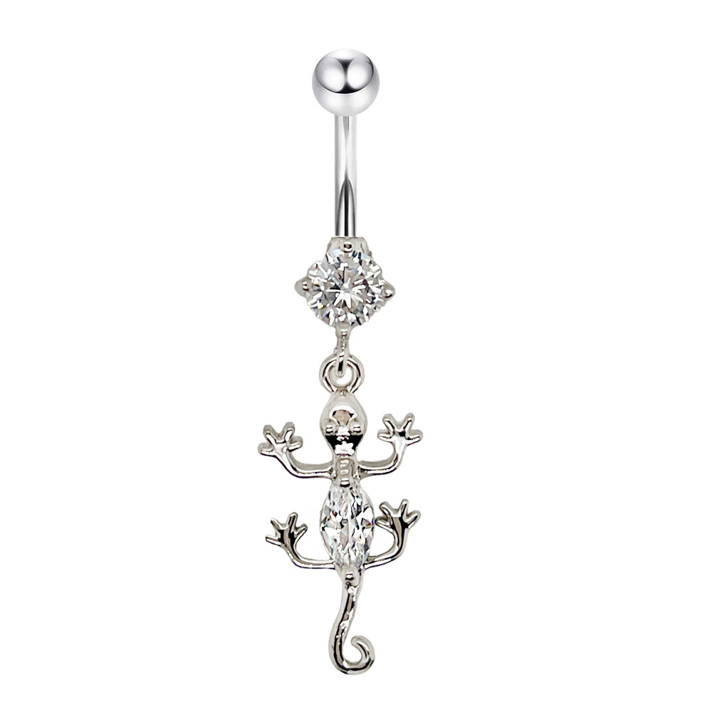 Piercing para ombligo de acero 316L con forma de banana y diseño de moda de circonita cúbica transparente CC, calibre 14 (1,6 mm)