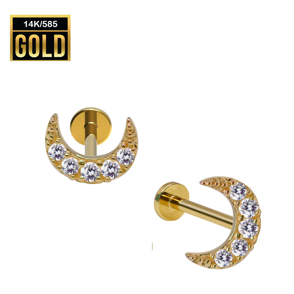 Labret interno de oro real de 14 quilates con circonita cúbica superior en diseño de luna