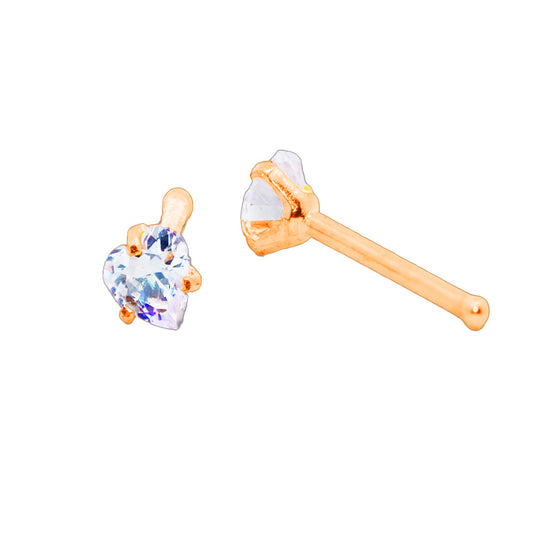 Steel 316L Rose Gold PVD Titanium Coated Nose Pin with Heart Setting Stone - 20GA(0.8mm)
