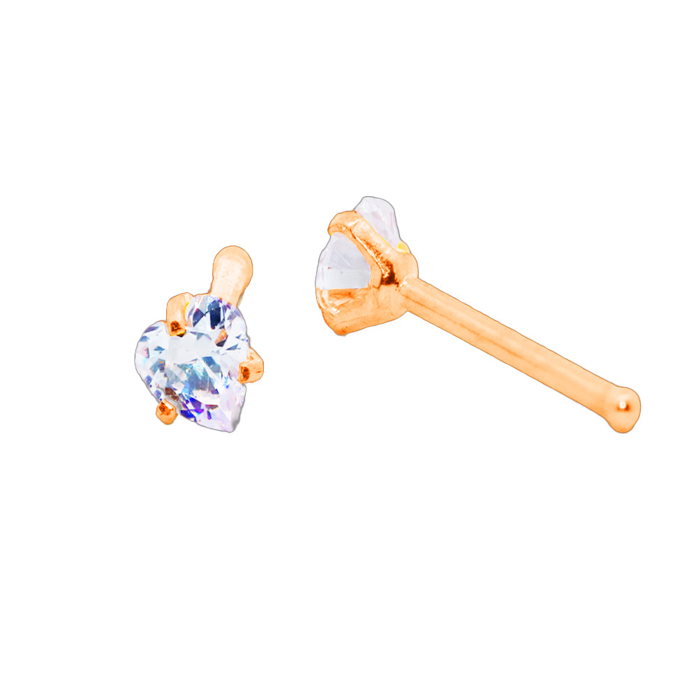 Piercing nasal en acier 316L avec revêtement en titane PVD or rose et pierre de sertissage en forme de cœur - 20GA (0,8 mm)