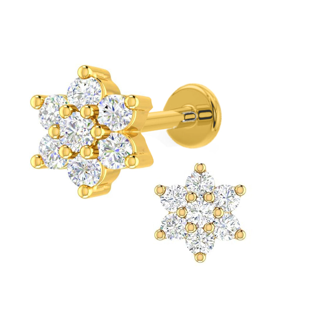 Labret con forma de flor en el interior de oro auténtico de 14 quilates con circonita cúbica de calibre 16 (1,2 mm) - 6 mm