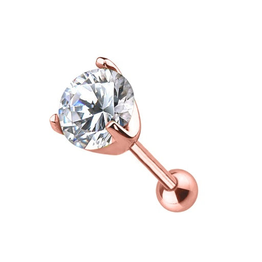 Barbell en or rose véritable 14 carats avec pierre CZ (montage à griffes)
