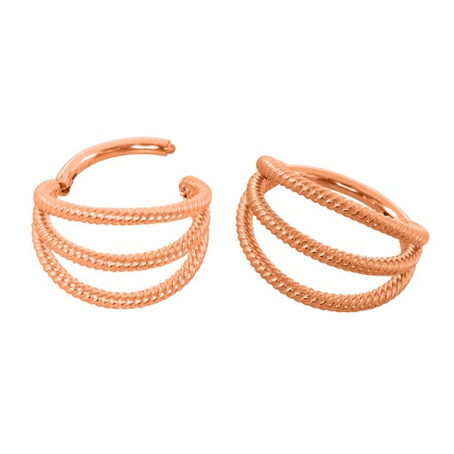Anillo de segmento con bisagras de acero 316L con revestimiento de titanio PVD en oro rosa y 3 barras retorcidas - 16GA (1,2 mm)