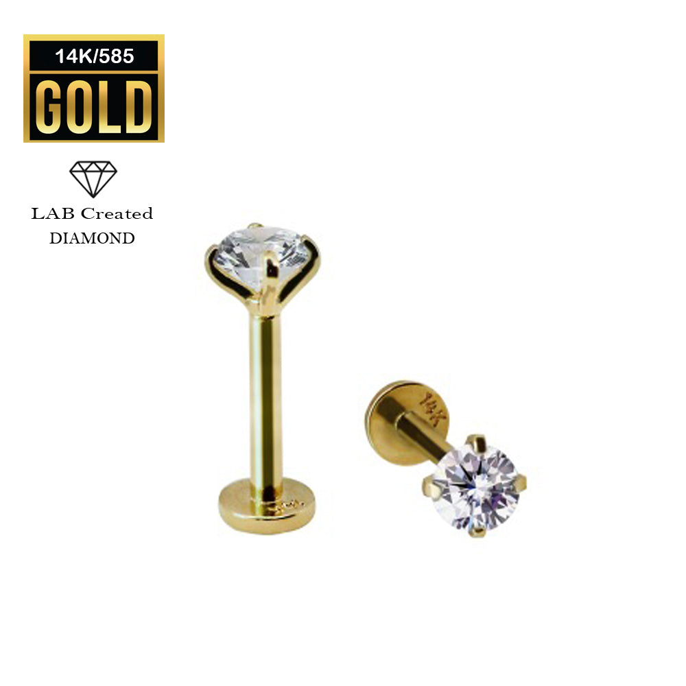 Labret interno de oro real de 14 quilates con diseño superior de diamante sintético redondo creado en laboratorio (configuración de garra)