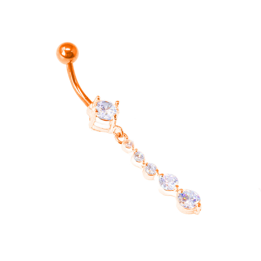 Piercing para ombligo de acero 316L con revestimiento de titanio PVD en oro rosa y engaste de piedra CZ en diseño de moda - CC Crystal Clear - 14GA (1,6 mm)