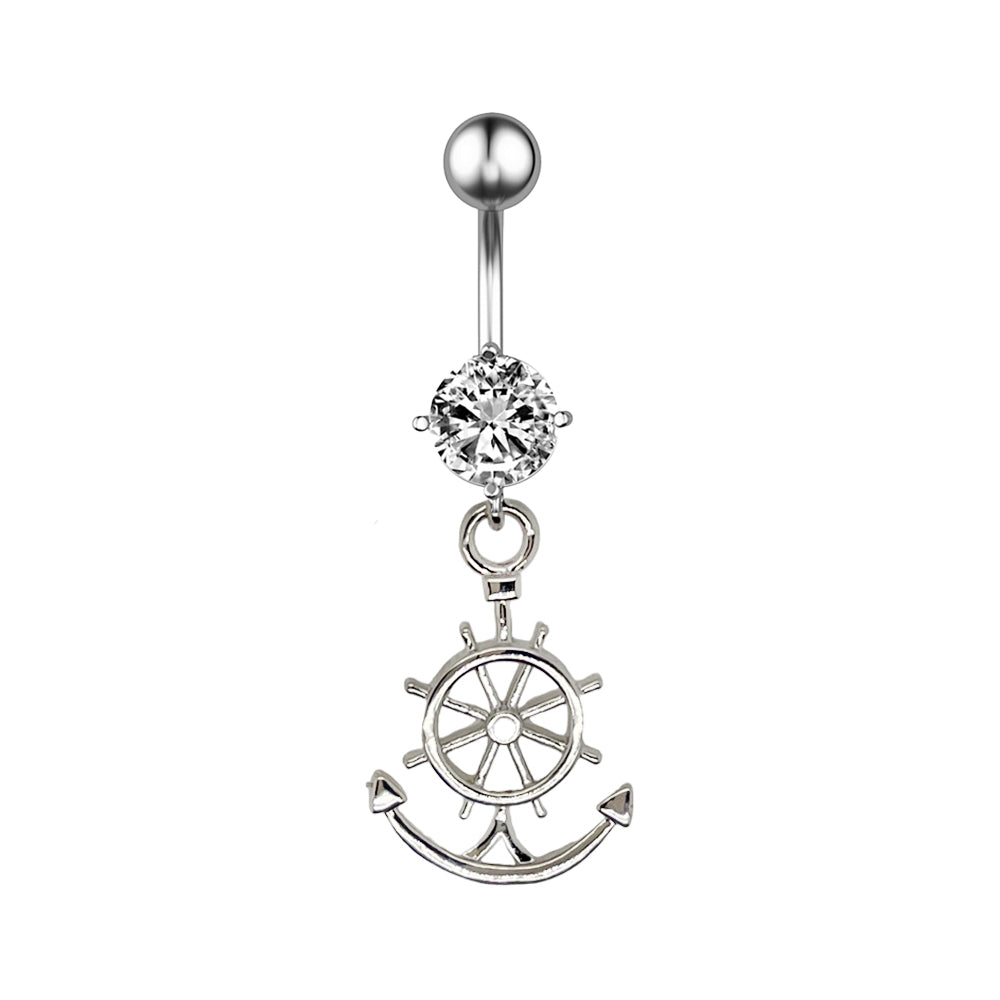 Piercing para ombligo de acero 316L con diseño de moda en forma de banana y piedra CZ: CC, cristal transparente, calibre 14 (1,6 mm)