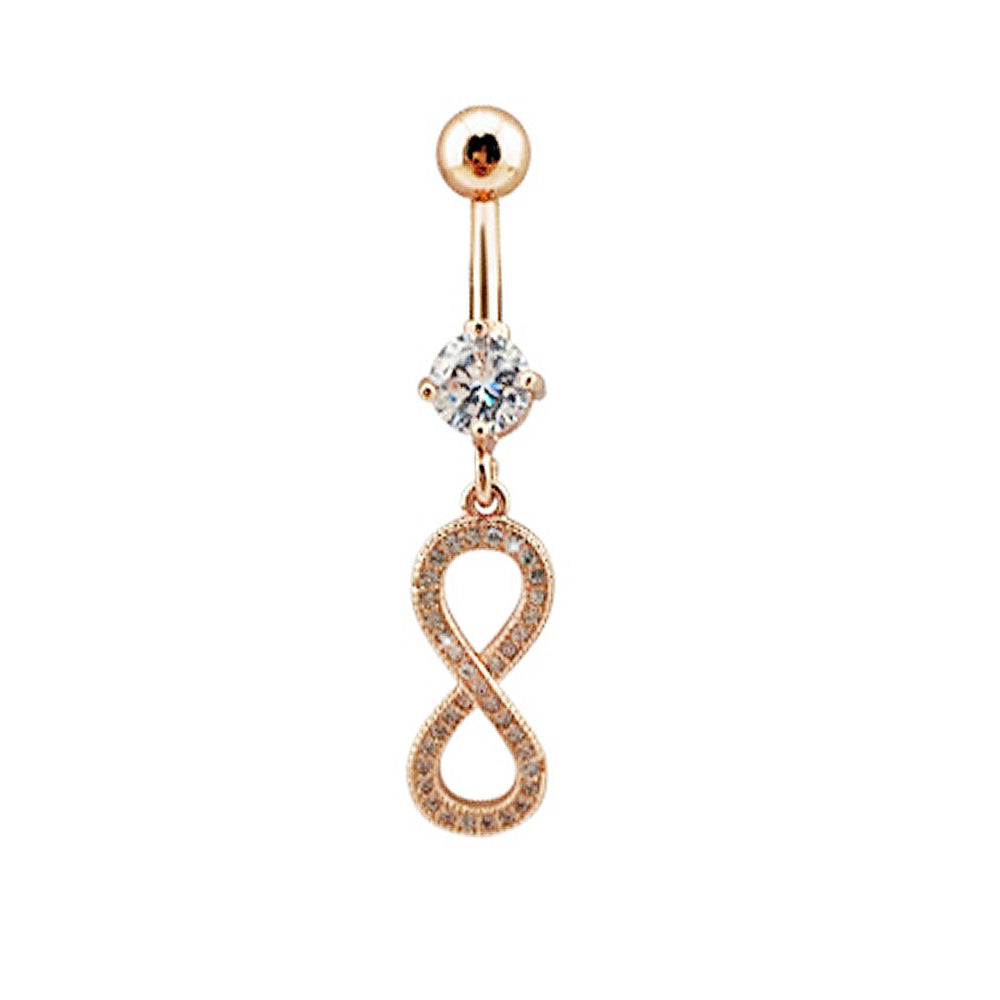 Piercing para ombligo de acero 316L con revestimiento de titanio PVD en oro rosa y engaste de piedra CZ en diseño de moda - CC Crystal Clear - 14GA (1,6 mm)