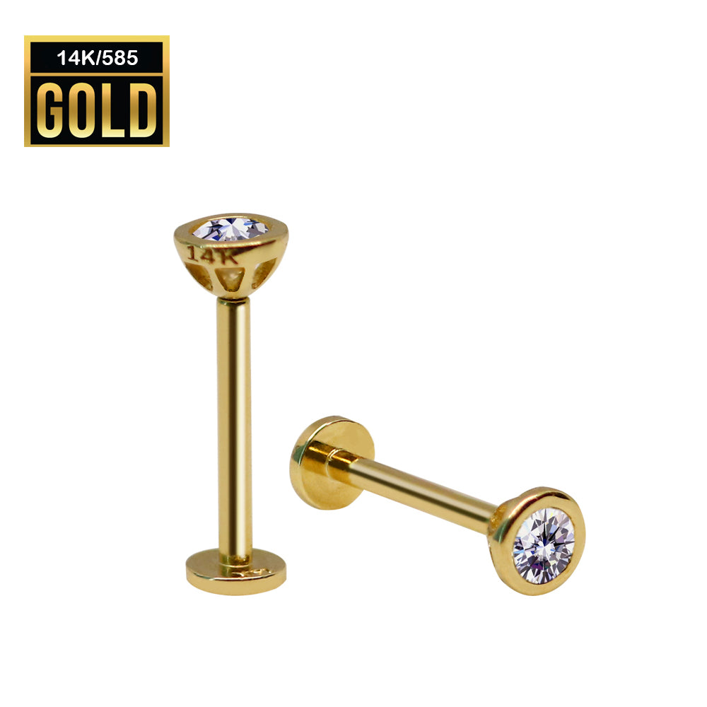 Labret interno de oro real de 14 quilates con diseño superior engastado con circonita cúbica - 16GA (1,2 mm)