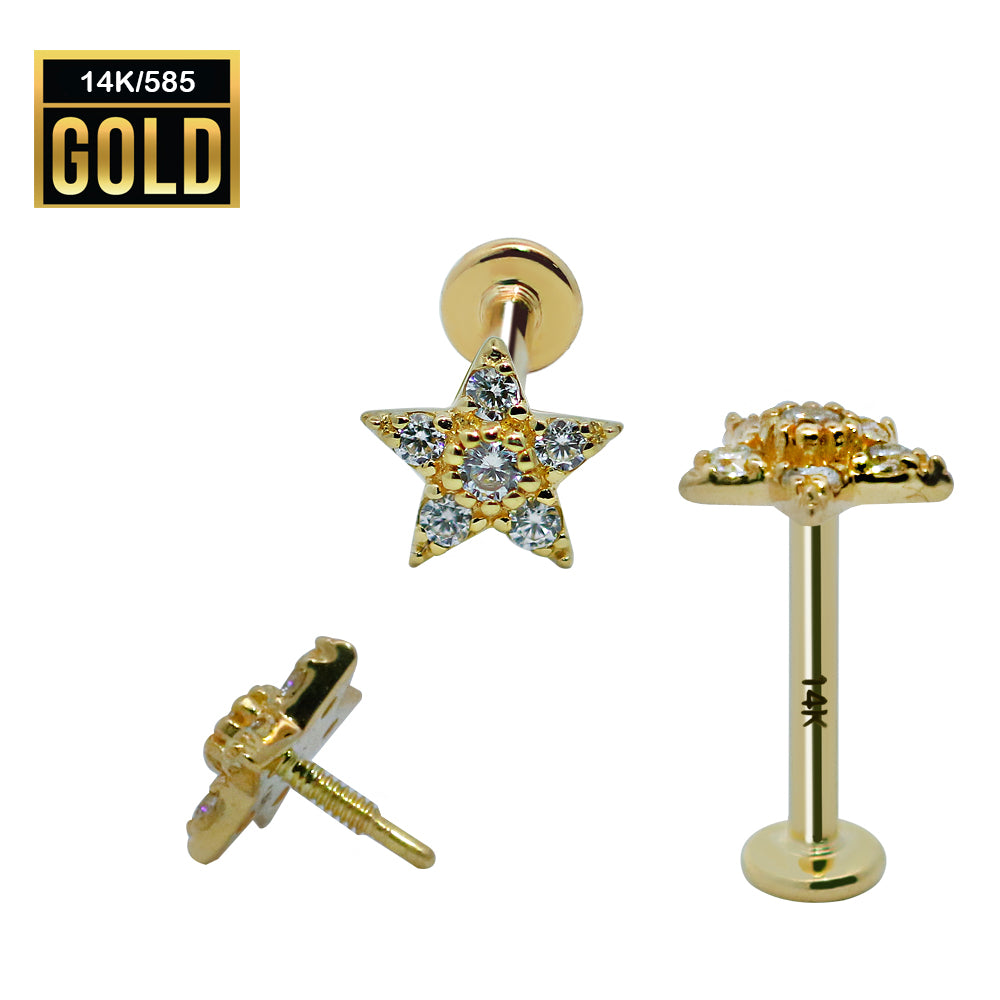 Labret interno de oro real de 14 quilates con diseño de estrella en la parte superior con circonita cúbica